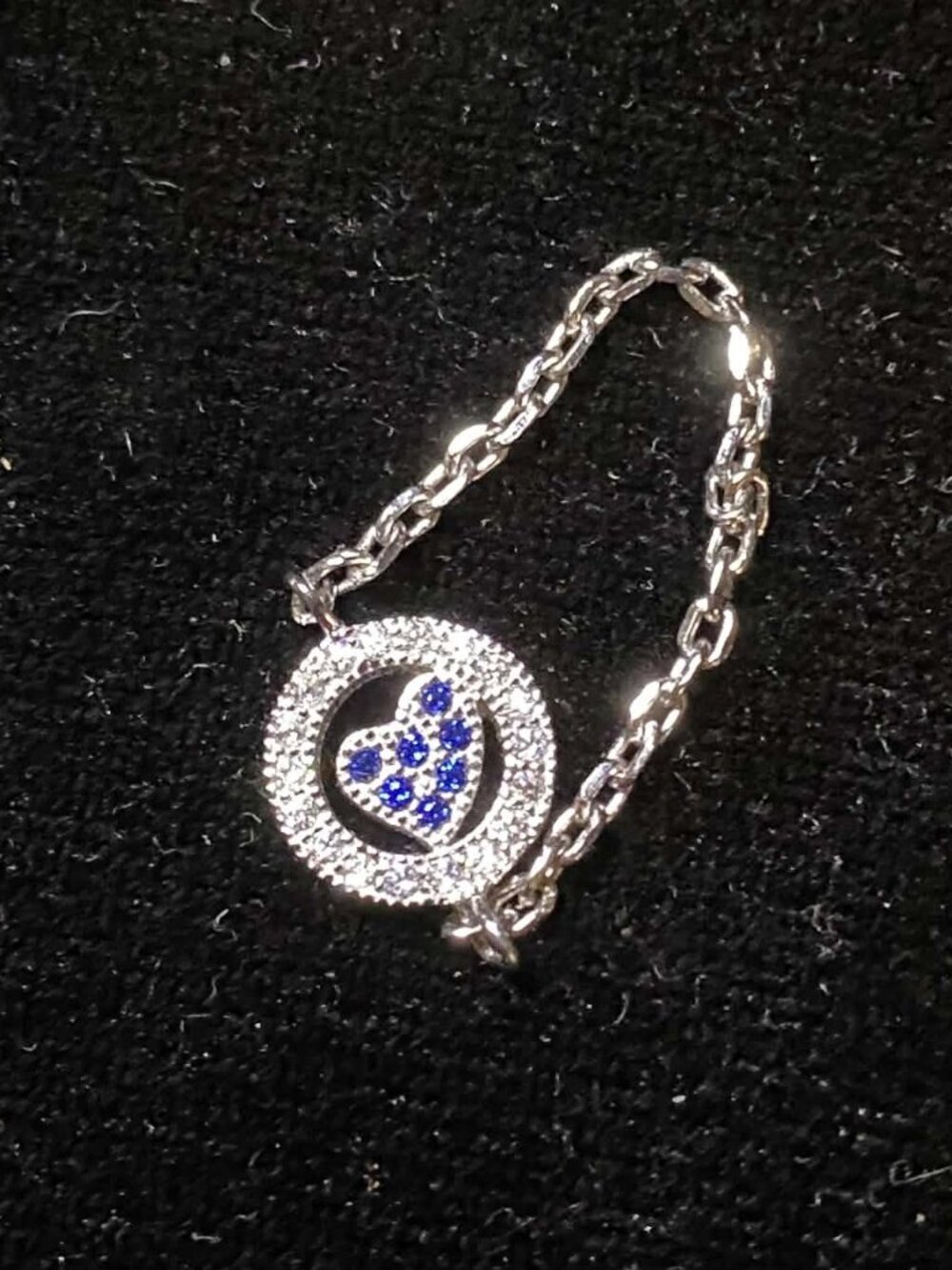 .925 Sterling Silver Chain Blue Heart Halo Unique Dainty Ring